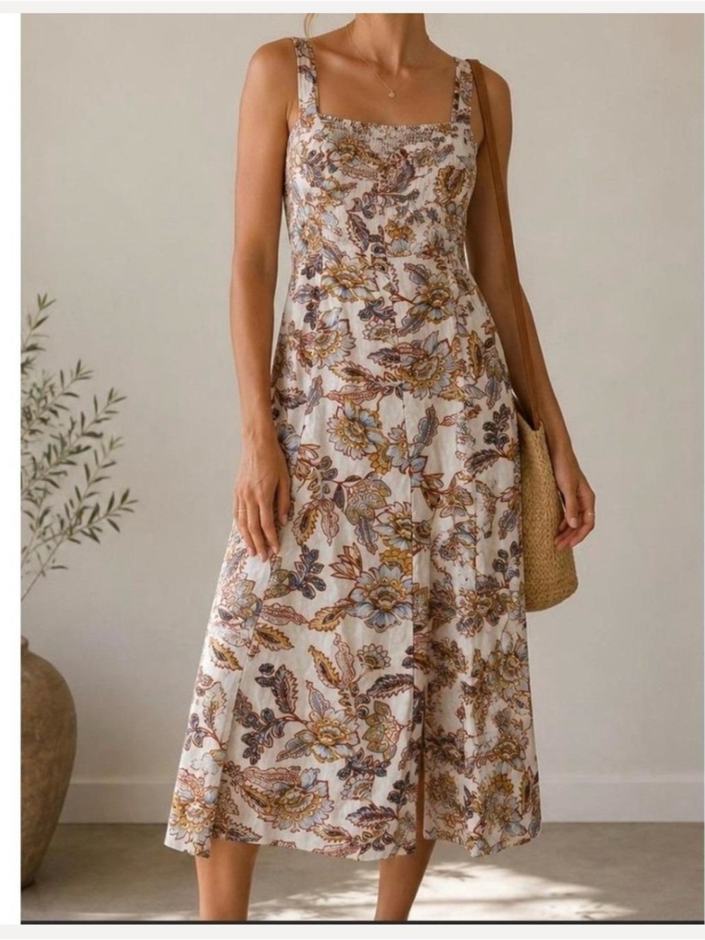 Linen Blend Cami Dress Fit n Flare Floral Paisley Cottagecore Old Navy Medium